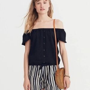 Madewell Texture & Thread Button Front Off the Shoulder Black Top Size Small
